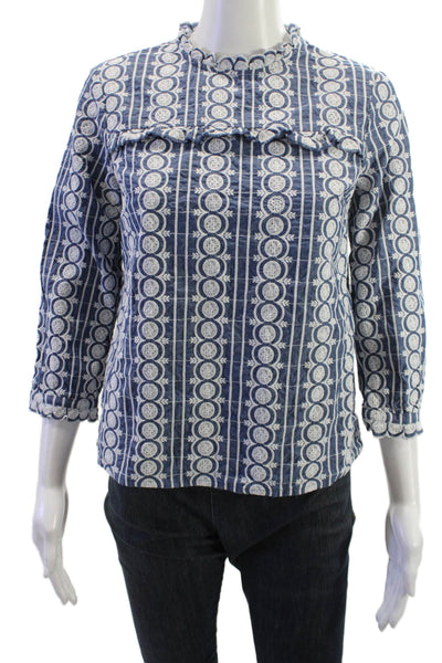 Boden Women Bohemian Blue High Neck Cotton 3/4 Sleeve Blouse Size 4