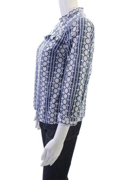Boden Women Bohemian Blue High Neck Cotton 3/4 Sleeve Blouse Size 4