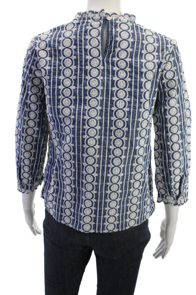 Boden Women Bohemian Blue High Neck Cotton 3/4 Sleeve Blouse Size 4