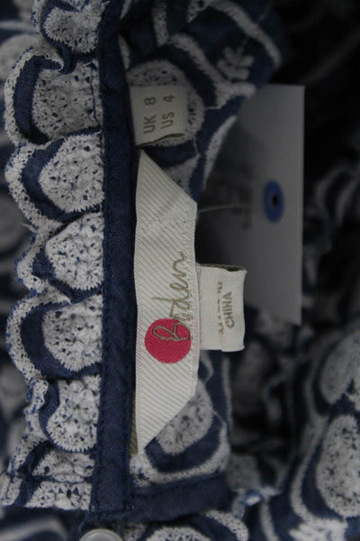Boden Women Bohemian Blue High Neck Cotton 3/4 Sleeve Blouse Size 4