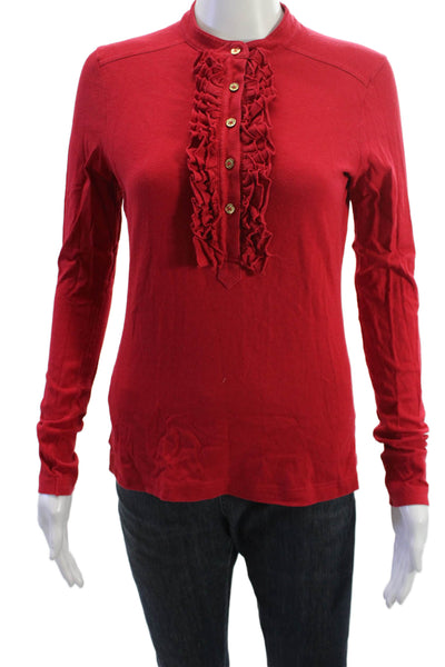 Tory Burch Women Red Mock Neck Long Sleeve Button-Up Top Cotton Modal Size S