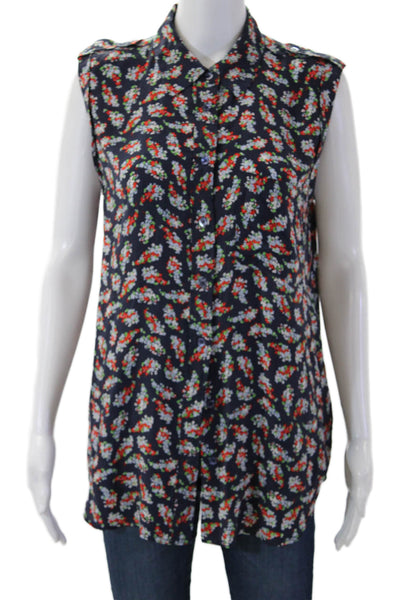 Equipment Femme Women Dark Blue Silk Floral Sleeveless Tunic Size S