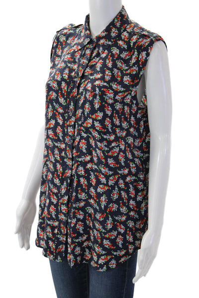 Equipment Femme Women Dark Blue Silk Floral Sleeveless Tunic Size S