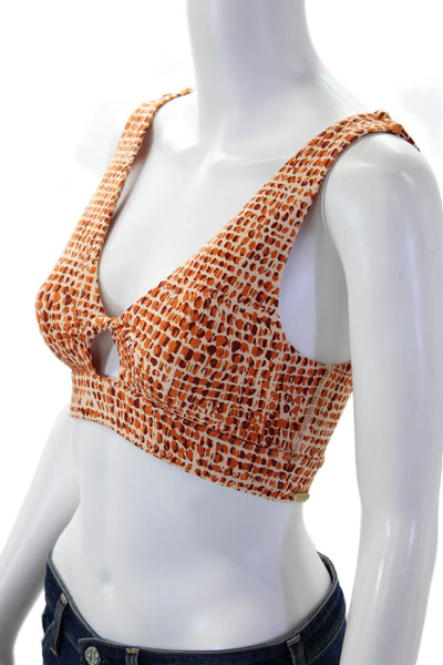 L Space Womens V Neck Abstract Printed Sports Bra White Orange Size Small