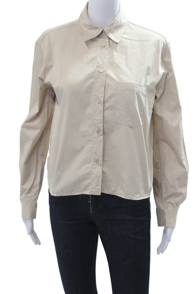 Zara Women Basic Collared Cotton Button-Up Beige Long Sleeve Size XS