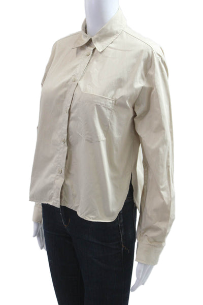Zara Women Basic Collared Cotton Button-Up Beige Long Sleeve Size XS