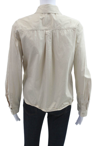 Zara Women Basic Collared Cotton Button-Up Beige Long Sleeve Size XS