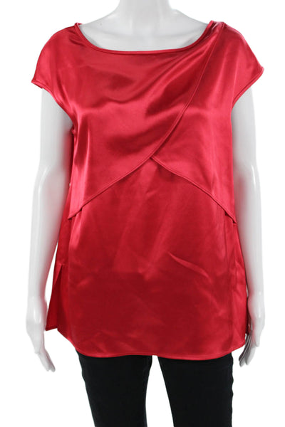 St. John Womens Tunic Blouse Red Short Sleeve Round Neck Zip Size M