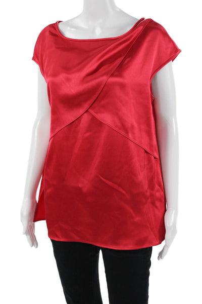 St. John Womens Tunic Blouse Red Short Sleeve Round Neck Zip Size M