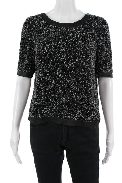 St. John Womens Black Viscose Round Neck Short Sleeve Blouse Hook Eye Size 4