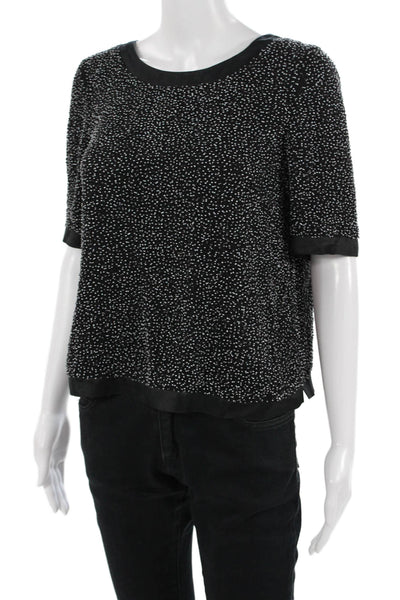 St. John Womens Black Viscose Round Neck Short Sleeve Blouse Hook Eye Size 4