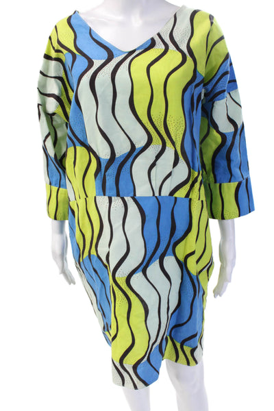 Marni Women Shift Dress Black V Neck 3/4 Sleeve Cotton Size S