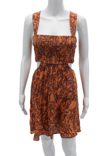 Anthropologie Womens Brown Floral Mini Sundress Square Neck Viscose Size L