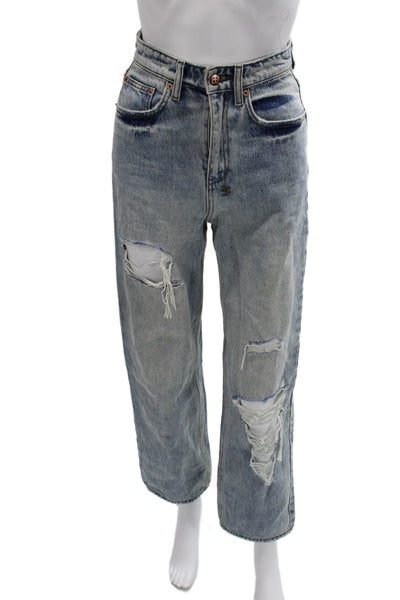 Ksubi Women Cropped Boyfriend Jeans Light Blue Mid Rise Cotton Size 24