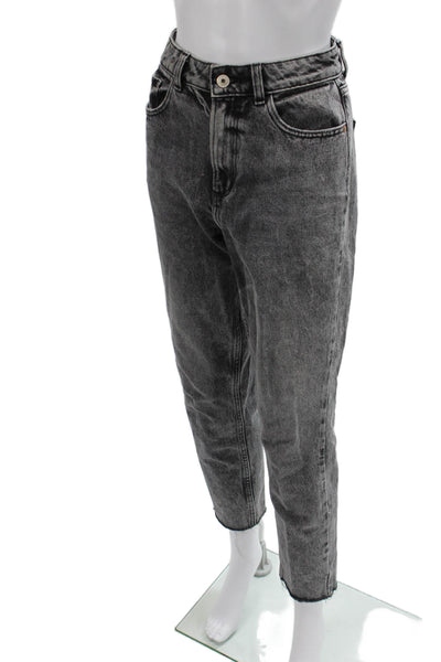 Zara Women Ankle Cropped Mom Jeans Dark Gray Mid Rise Button Cotton Size 26
