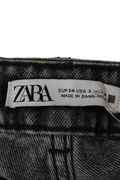 Zara Women Ankle Cropped Mom Jeans Dark Gray Mid Rise Button Cotton Size 26