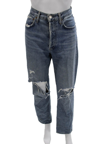 Agolde Unisex Straight Cropped Mid-Rise Blue Organic Cotton Jeans Size 25