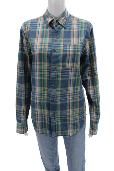 J Crew Mens Button-Down Plaid Cotton Collared Long Sleeve Blue Size S
