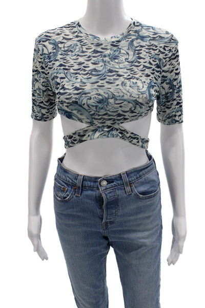 Agua Bendita Women Cropped Graphic Crew Neck Short Sleeve T-Shirt Beige Size S