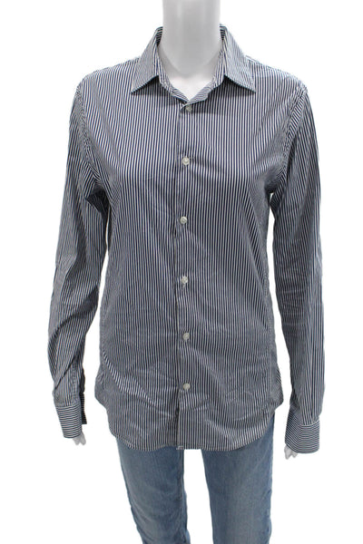 Zara Womens Striped Collared Button-Up Long Sleeve Dark Blue Cotton Size S