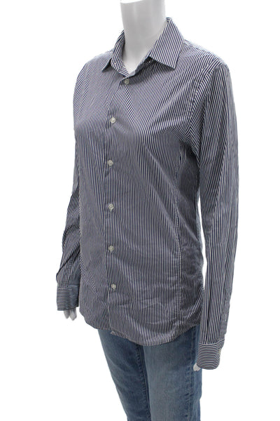 Zara Womens Striped Collared Button-Up Long Sleeve Dark Blue Cotton Size S