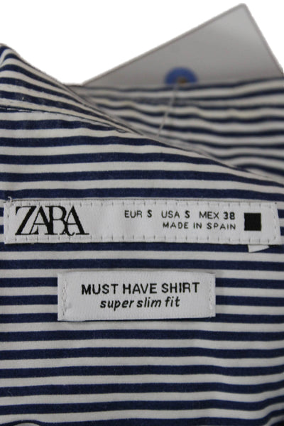 Zara Womens Striped Collared Button-Up Long Sleeve Dark Blue Cotton Size S