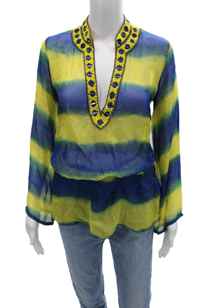 Taj By Sabrina Grippa Womens Blue Silk Striped Tunic Blouse Long Sleeve Size XS