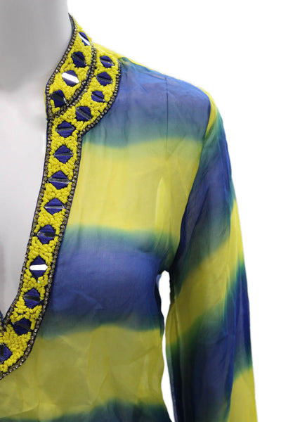 Taj By Sabrina Grippa Womens Blue Silk Striped Tunic Blouse Long Sleeve Size XS