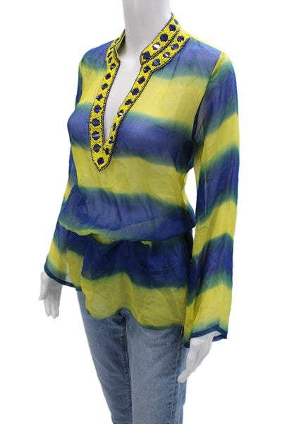 Taj By Sabrina Grippa Womens Blue Silk Striped Tunic Blouse Long Sleeve Size XS