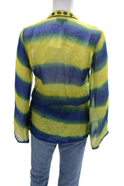 Taj By Sabrina Grippa Womens Blue Silk Striped Tunic Blouse Long Sleeve Size XS