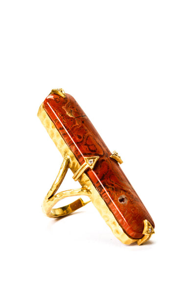 Cathy Waterman 22KT Yellow Gold Diamond Red Jasper Hammered Statement Ring Size