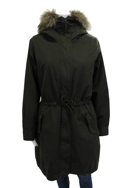 Uniqlo Womens Army Green Parka Drawstring High Neck Cotton Blend Size L