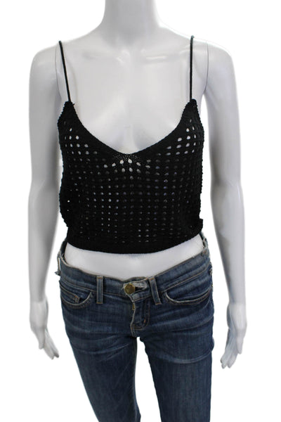 Elan Women Camisole Cropped Black V-Neck Sleeveless Button Acrylic Beach Size M