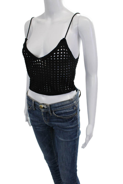 Elan Women Camisole Cropped Black V-Neck Sleeveless Button Acrylic Beach Size M
