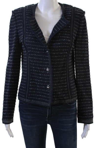 St. John Collection Womens Dark Blue Striped Wool Blend Blazer V Neck Size 6