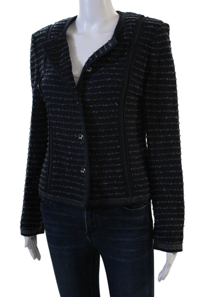 St. John Collection Womens Dark Blue Striped Wool Blend Blazer V Neck Size 6