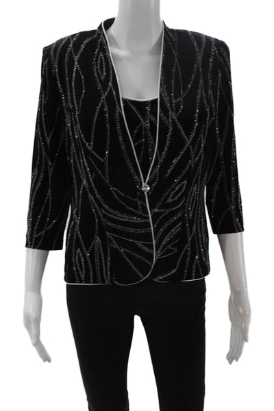 Alex Evenings Women 2Pc Black Geometric V-Neck 3/4 Sleeve Button Coat Size PM