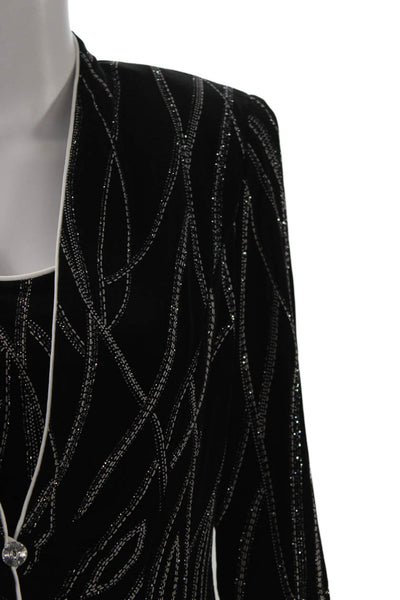 Alex Evenings Women 2Pc Black Geometric V-Neck 3/4 Sleeve Button Coat Size PM