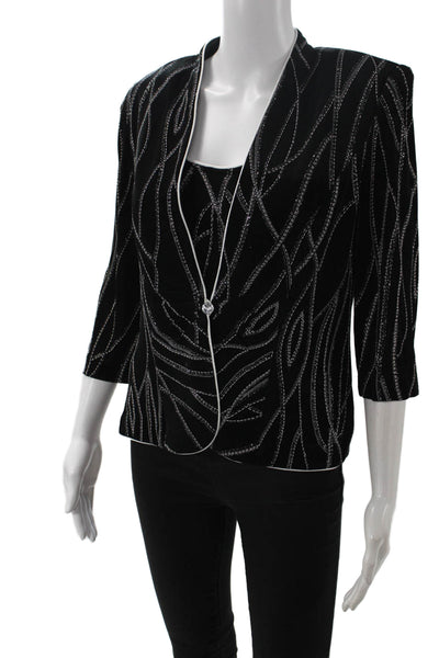 Alex Evenings Women 2Pc Black Geometric V-Neck 3/4 Sleeve Button Coat Size PM