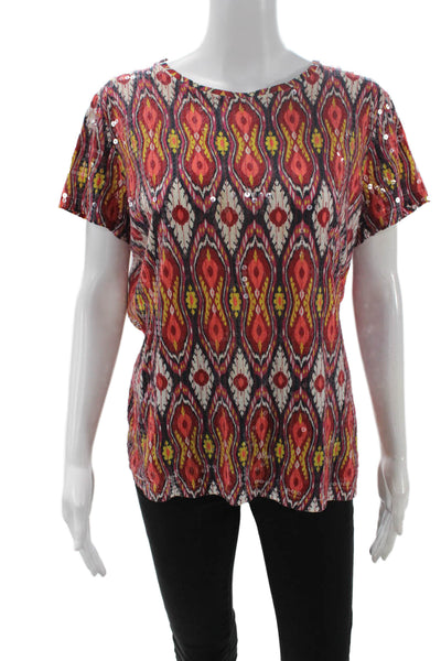 Tory Burch Women Red Aztec Cotton Crew Short Sleeve T-Shirt Size M