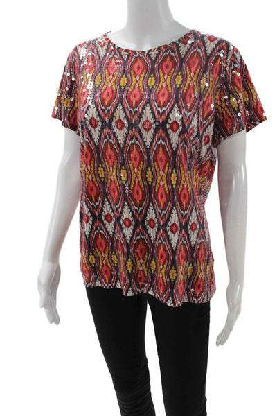 Tory Burch Women Red Aztec Cotton Crew Short Sleeve T-Shirt Size M