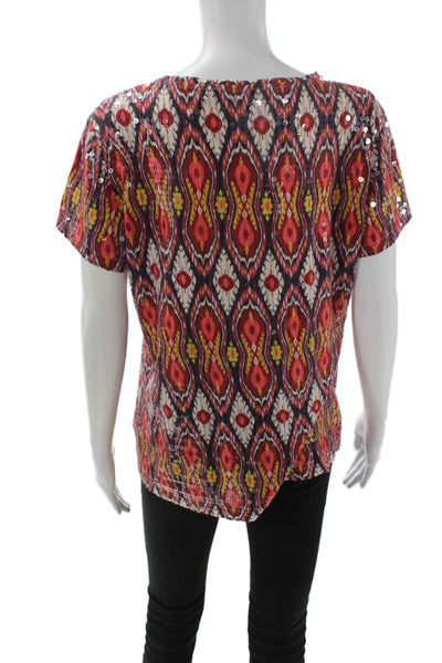 Tory Burch Women Red Aztec Cotton Crew Short Sleeve T-Shirt Size M