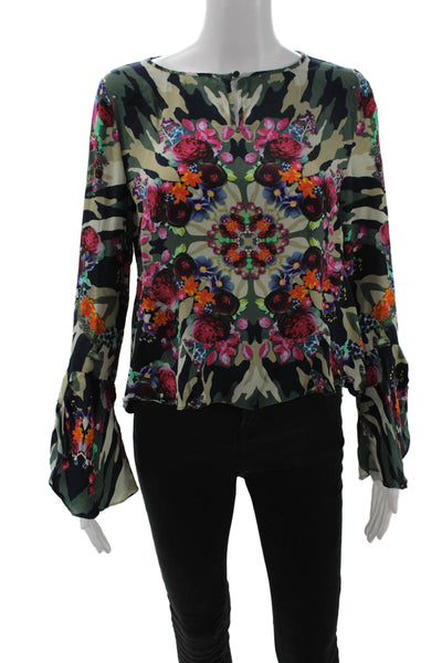 Artelier Nicole Miller Womens Black Floral Button Long Sleeve Blouse Size S