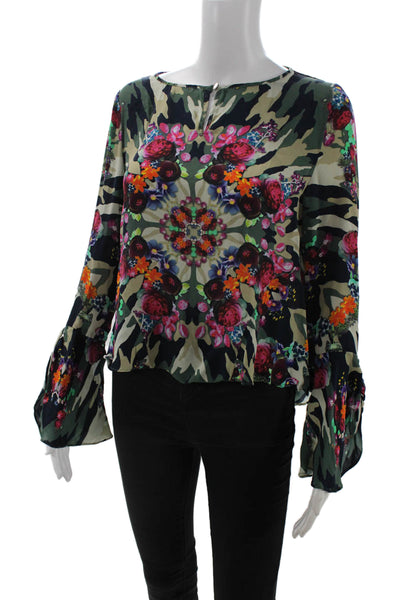 Artelier Nicole Miller Womens Black Floral Button Long Sleeve Blouse Size S