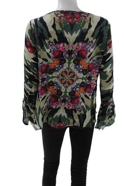 Artelier Nicole Miller Womens Black Floral Button Long Sleeve Blouse Size S