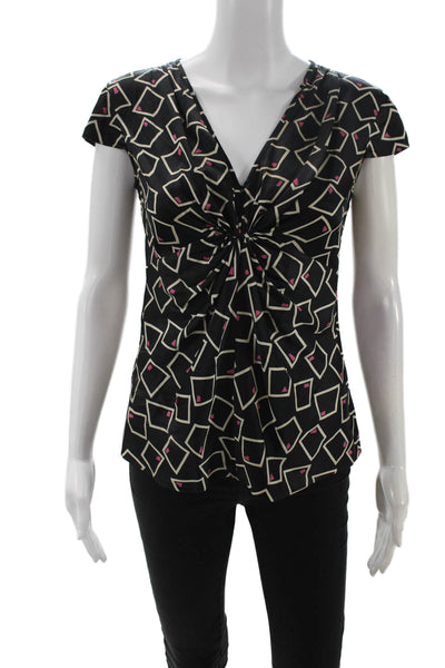 Armani Collezioni Womens Black V-Neck Geometric Short Sleeve Blouse Size 2