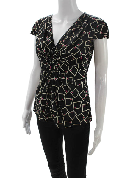 Armani Collezioni Womens Black V-Neck Geometric Short Sleeve Blouse Size 2