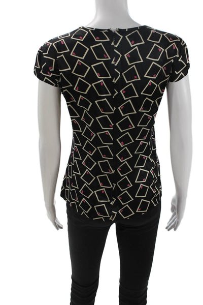 Armani Collezioni Womens Black V-Neck Geometric Short Sleeve Blouse Size 2