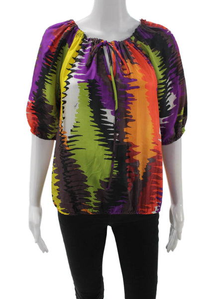 Trina Turk Womens Tunic Blouse Black Silk Graphic Print Short Sleeve Size S
