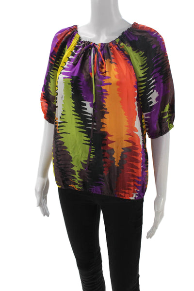 Trina Turk Womens Tunic Blouse Black Silk Graphic Print Short Sleeve Size S